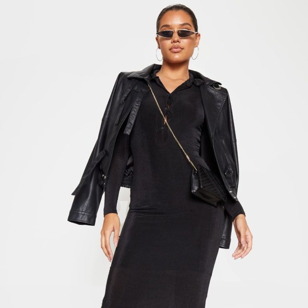 Black Slinky Button Front Midi Polo Shirt Dress